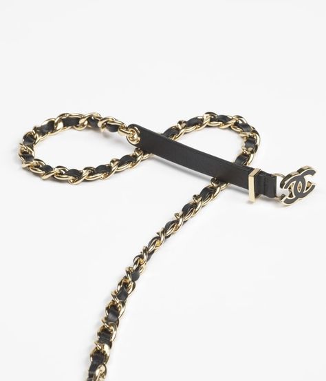 Chain belt - Calfskin, metal & resin, black & gold — Fashion | CHANEL Chanel Chain Belt, Eyewear Campaign, Chanel Watch, Chanel Chain, Jewelry Advice, Eyewear Shop, Chanel Collection, Fashion Chanel, Chanel Couture