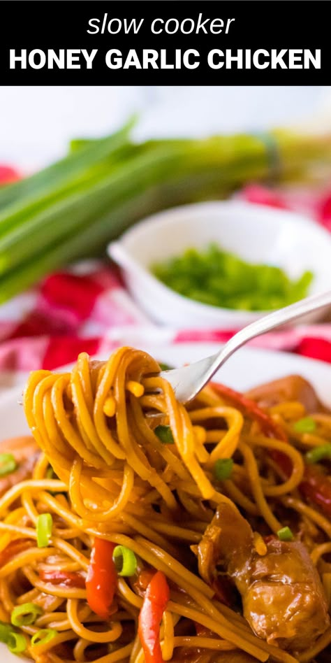 An easy twist on Chinese takeout, this Slow Cooker Honey Garlic Chicken and Noodles will be your favorite weeknight dinner. Cubes of tender chicken with slices of red bell peppers and onions are slow cooked in a flavorful honey garlic sauce and served with noodles for a flavorful and delicious dinner the whole family will love. Honey Garlic Chicken And Noodle Bake, Honey Chicken Noodles Recipe, Honey Garlic Chicken With Noodles, Slow Cooker Chicken Lo Mein, Crockpot Chicken Stir Fry Slow Cooker, Honey Soy Chicken Noodles, Slow Cooker Chicken Ramen Recipes, Slow Cooker Honey Soy Chicken Noodles, Slow Cooker Honey Garlic Chicken Noodles