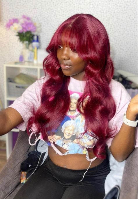 Burgundy Bangs Black Women, Burgundy Red Wig, Burgundy Red Wig Black Women, Red Wig With Bangs Black Women, Burgundy Wig With Bangs Black Women, Burgundy Red Hair, Elegant Ponytail, Pressed Natural Hair, Cotton Candy Hair