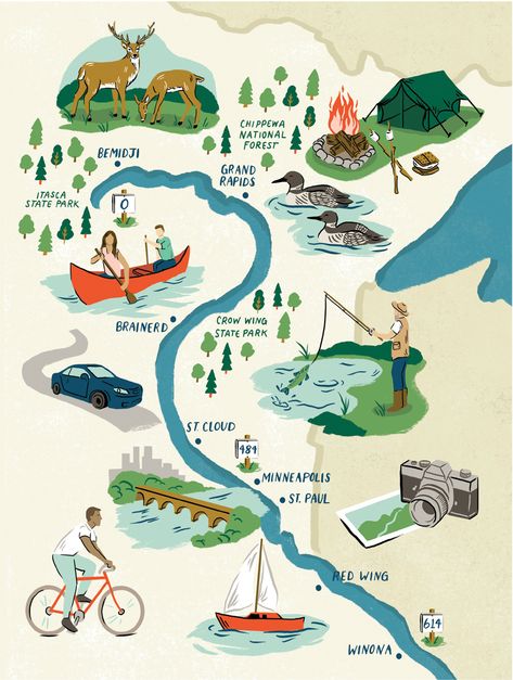 Mississippi River Adventure Guide | Minnesota Monthly Adventure Map Illustration, Hiking Map Illustration, River Projects For Kids, Map Illust, Map Design Ideas, Hiking Illustration, Maps Illustration Design, Graphic Design Inspiration Illustration, Nature Guide