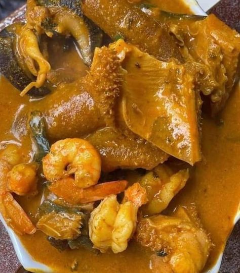 RACHAEL foodies - TASTY OGBONO SOUP 😋 DESCRIPTION This... | Facebook Brown Stew Salmon Jamaican, Ogbono Soup, Chicken Pepper Soup Nigerian, Jamaican Brown Stew Fish, Fish Pepper Soup Nigerian, Nigerian Seafood Okra Soup, Goat Meat, Fish Stock, Pumpkin Leaves