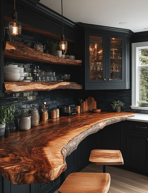 Live Edge Bar, Dark Home Decor, Cabin Kitchens, Dream House Interior, Wood Kitchen, Dream House Decor, Counter Top, Cabin Decor, Rustic Kitchen