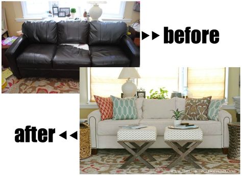 DIY couch make over.   Shared by www.youragentcapecoralhomes.com      S.W. Florida living ~ Your Realtor Old Leather Couch Makeover, How To Upholster A Sofa, Reupholster Leather Couch, Upcycle Leather Sofa, Change Color Of Leather Couch, Left Over Upholstery Fabric, Reupholster Couch Diy, Reupholster Couch, Sofa Kulit