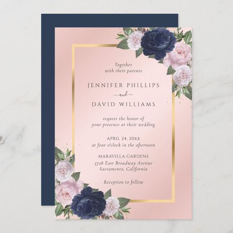 Pink And Blue Wedding, Navy Blue Wedding Theme, Blue And Blush Wedding, Pink Floral Wedding, Navy Blue Wedding Invitations, Pink Wedding Theme, Blush Wedding Invitations, Botanical Wedding Invitations, Blue Themed Wedding