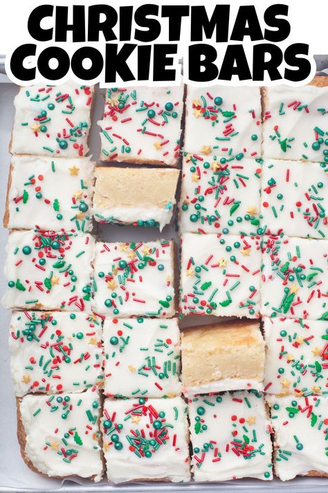 Overhead view of Christmas Sugar Cookie Bars Cream Cheese Sugar Cookie Bars, Milk Bar Cookie Recipe, Christmas Sugar Cookie Bars Recipe, Christmas Cookie Bars Recipes Easy, Holiday Bars Recipes Christmas Treats, Easy Cookie Swap Recipes, Christmas Bar Cookies Recipes, Frosted Desserts, Kid Friendly Baking Recipes