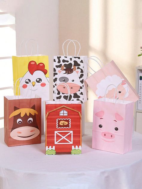 6pcs Cute Farm Printed Kraft Paper Bag, Party Gift Bag With Handle,Christmas Multicolor    Paper Animal,Cartoon    Event & Party Supplies, size features are:Bust: ,Length: ,Sleeve Length: Kids Animal Party, Gift Wrap Storage, Farm Theme Birthday, Farm Animal Party, Farm Animals Theme, Paper Candy, Birthday Gift Bags, Organization Gifts, Treat Gift