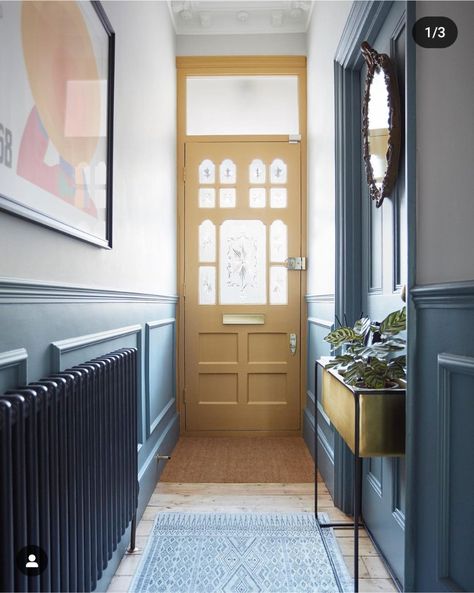 Hallway Radiators, Interior Front Door Color Entryway, Colourful Hallway, Farrow And Ball Hallway, Welcoming Hallway, Edwardian Hallway, Corridor Ideas, Hallway Colour Schemes, Art Deco Hallway