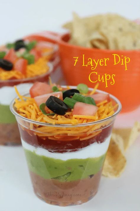 7 Layer Dip Cups, Layered Dip Cups, 7 Layer Dip Recipe, Individual Appetizers, Layered Dip Recipes, 7 Layer Dip, Layered Bean Dip, Layered Taco Dip, Dip Easy