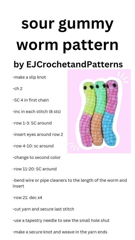 free crochet pattern sour gummy worms cute easy project by EJ Crochet and Patterns Sour Gummy Worms, Easy Crochet Animals, Quick Crochet Patterns, Pola Amigurumi, Gummy Worms, Crochet Animals Free Patterns, Crochet Business, Crochet Design Pattern, Beginner Crochet Projects