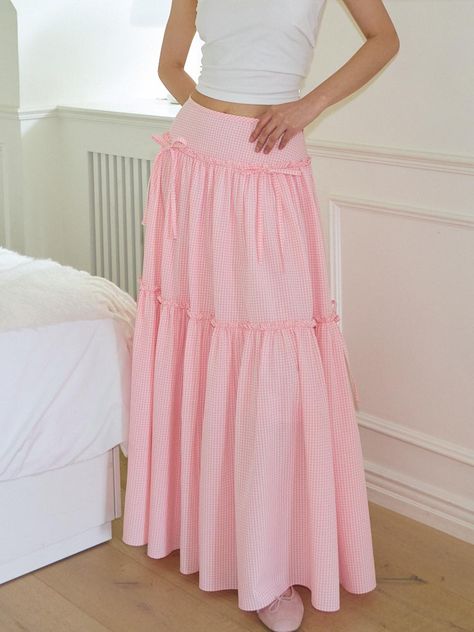 This is a trendy and feminine skirt by SALON DE YOHN that is made out of high quality and sturdy material. With distinctive mood of the design and modern feminine look, you can style it for your comfortable daily outfit.- Ribbon and shirring detail- Light fabric for spring and summer- Feminine and modern mood Fancy Long Skirt Outfits, Light Spring Outfit Ideas, Long Pink Skirt Outfit, Feminine Modest Outfits, Fruity Aesthetic, Pink Skirt Outfit, Long Pink Skirt, Pink Skirt Outfits, Skirt Aesthetic