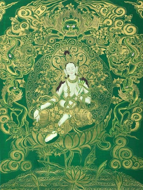 Thanka Paintings Green Tara, Green Tara Goddesses, Green Tara Mantra, Tara Goddess, Tantra Art, Thangka Painting, Spiritual Artwork, Tibetan Art, Green Tara