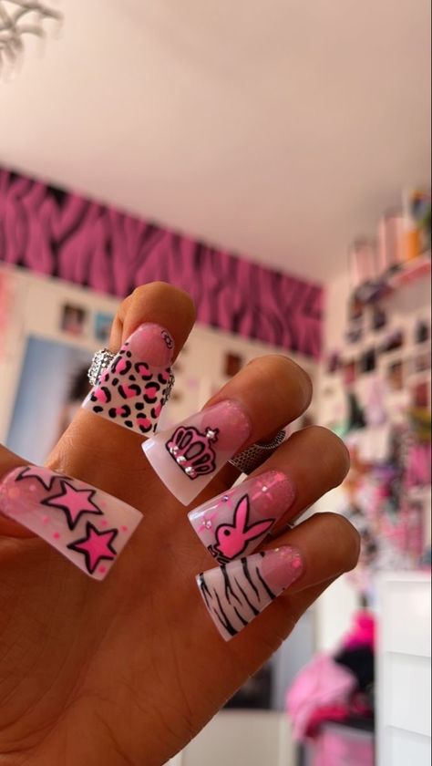 ˚୨୧⋆ @bella2angel 2000s Mcbling Nails, Bimbocore Nails, 2000 Inspired Nails, 2000s Nails Trends, Pink Zebra Print Nails, Rock Star Aesthetic, Mcbling Nails, Bunny Nail Art, Shore Store