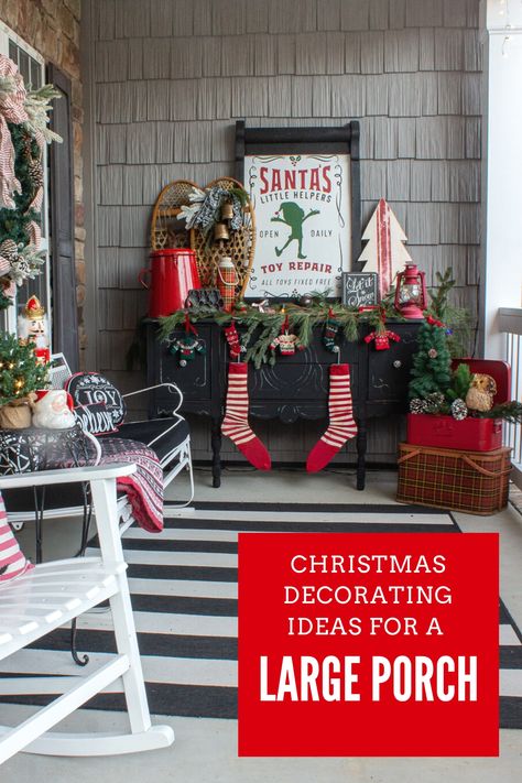 If you have a large front porch to decorate for Christmas, you'll love these festive ideas! Join me as I showcase our whimsical, vintage outdoor Christmas decor. Plus tour eight beautiful Christmas decorated front porches. Christmas Front Porch Decorations, Front Porch Decorations, Large Front Porch, Outside Christmas Decorations, Outdoor Christmas Decor, Decorate For Christmas, Front Porch Christmas, Christmas Front Porch, Christmas Front Doors