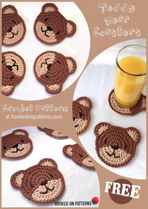 Free Teddy Bear Coasters Crochet Pattern by Hooked On Patterns. Fun teddy shaped coasters, perfect for children's parties! #FreeCrochetPatterns #Crochet #CrochetCoasters #Coasters #teddybear #bear Crochet Coaster Patterns, Crochet Cup Coaster, Coaster Patterns, Crochet Elephant Pattern, Coasters Crochet, Coaster Ideas, Bear Patterns Free, Crochet Coasters Free Pattern, Crochet Coaster Pattern