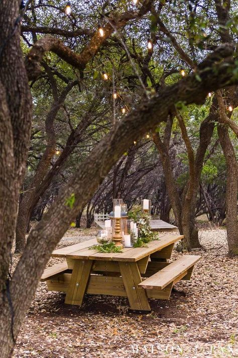 String lights and a picnic table create a beautiful, peaceful, elegant yet rustic outdoor dining space! Get tips to create your own outdoor dining area. #outdoordining #alfresco #stringlights Rustic Outdoor Seating Area, Picnic Table Under Tree, Outdoor Picnic Area, Rustic Outdoor Dining Area, Forest Seating Area, Outdoor Picnic Table Decor, Picnic Table Backyard, Rustic Outdoor Dining, Outside Dining Area