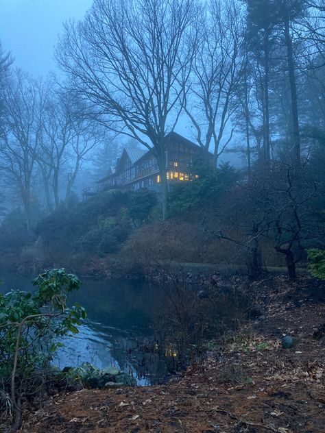 Foggy Cabin Aesthetic, Creepy Cabin Aesthetic, Japanese River Aesthetic, Dark Cabin Aesthetic, Dark Forest House, House In Dark Forest, Scary Landscape, Creepy Cabin, Starling House