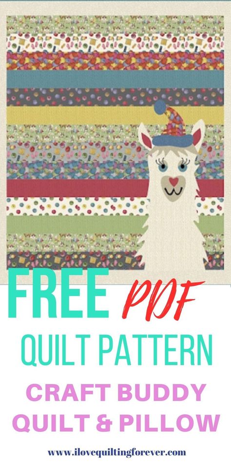 Get your FREE Craft Buddy Quilt & Pillow PDF Pattern Here. Llama Patterns Free, Llama Quilt Pattern Free, Llama Arts, Quilt Pillow, Beginner Quilt Patterns, Cute Llama, Free Quilt Patterns, Windham Fabrics, Free Quilting