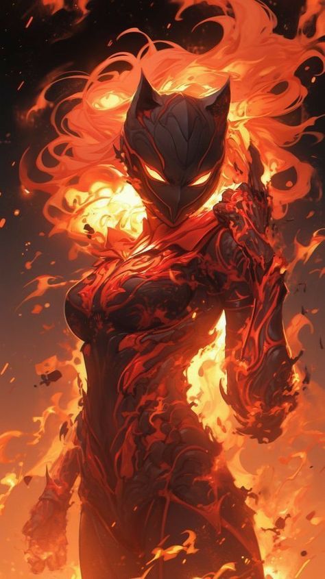 Female Fire Demon, Fire Elemental Character Design, Fire Elemental Female, Fire Creature, Fire Oc, Anime Fire, Hell Cat, 3d Karakter, The Justice League