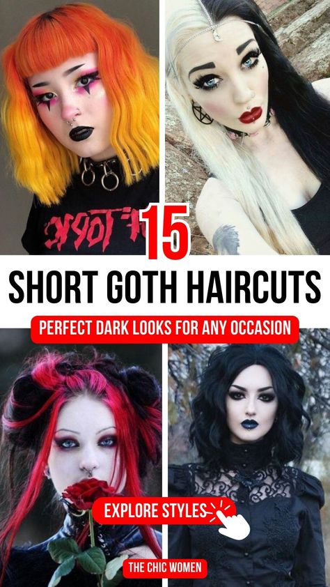 Top Short Goth Hairstyles for an Edgy, Dark Look Witchy Short Hairstyles, Goth Hair Bangs, Short Goth Hairstyles, Short Hair Goth, Goth Hairstyle, Curtain Hair, Undercut Ponytail, Goth Hairstyles, Goth Shorts