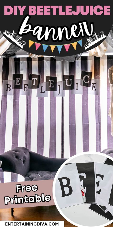 DIY Beetlejuice Banner | Halloween Indoor Decor Beetlejuice Backdrop Ideas, Beetlejuice Free Printables, Beetle Juice Door Decorations, Diy Beetlejuice, Diy Halloween Tree, Beetlejuice Party, Halloween Juice, Beetlejuice Halloween, Silhouette Pictures