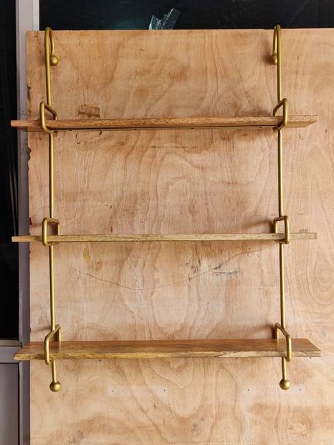 Brushed Gold Bathroom Shelves, Gold Shelves Wall, Gold Hanging Shelves, Gold Shelves Bathroom, Metal Rod Shelves, Bar Nook Wall Shelves, Brass Wall Shelves, Plant Shelving Indoor, 1920s Shelves