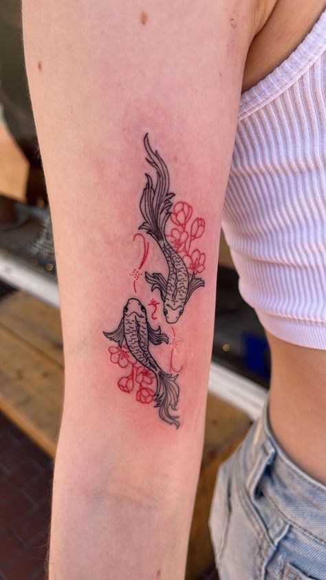 Red Tattoo Ideas, Red Tattoo, Koi Fish Tattoo, Red Ink Tattoos, Pretty Tattoos For Women, Fish Tattoo, Red Tattoos, Discreet Tattoos, Spine Tattoos