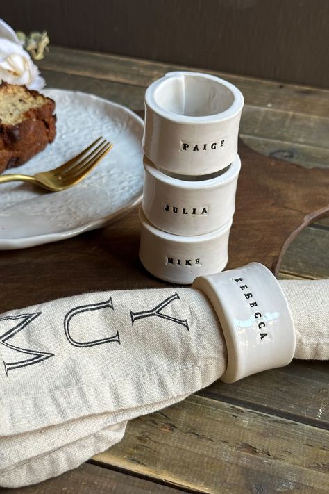 Personalized Ceramic Napkin Rings Handmade Engraved Napkin Ring Wedding Gift Housewarming Present Ceramic Gift for Party Event Napkin Ring - Etsy Ceramic Gifts Handmade, Handmade Napkin Rings, Wedding Ceramics Gift Ideas, Ceramic Wedding Gift, Homemade Napkin Rings, Ceramic Gift Ideas, Napkin Decoration, Diy Napkin Rings, Minimal Wedding Decor