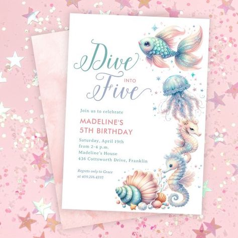 $1.98 | Pink Dive Into Five Mermaid 5th Birthday - dive into five, 5th birthday invitation, mermaid, fish seahorse jellyfish, swim party, pool party, ocean, pink purple aqua teal, girl girly, cute Girl 5th Birthday Party Themes, Dive Into Five Birthday Girl, Dive Into Five Invitation, Mermaid 5th Birthday Party, Mermaid 3rd Birthday Party Invitations, Dive Into Five Mermaid Birthday, Mermaid 2nd Birthday Party Invitation, 5th Birthday Invitation, Mermaid Pool Party Invitations