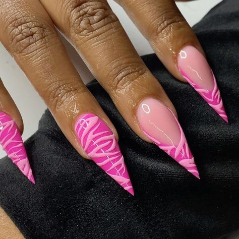 BP 🎀 on Instagram: "• it's FRENCHIE FRIDAYY • featured today are these barbie pink velvet stilettos 💅🏽💖👼🏽 Can y'alll believe i haven't done a stiletto set since 2021??? Like where are my stiletto babes attt?? thank you boo @setsbyzamirahrose for trusting me with your nails 😽🤍 if you're in the greenville area, def check her out! #stilettonails #stilettos #nails #nailsofinstagram #longnails #pinknails #pinkfrenchies #barbienails #zebranails #ncnails #ncnailtech #nailinspo #nailart #nailartist #uncpnails #fayettevillenails" Hot Pink Stiletto Nails Design, Pink Nails With Design Ideas, Pink Stilletos Nails, Pink Stiletto Nails Designs, Stiletto Pink Nails, Pink Stilletos, Stiletto Birthday Nails, Pink Nails Stiletto, Wolf Nails