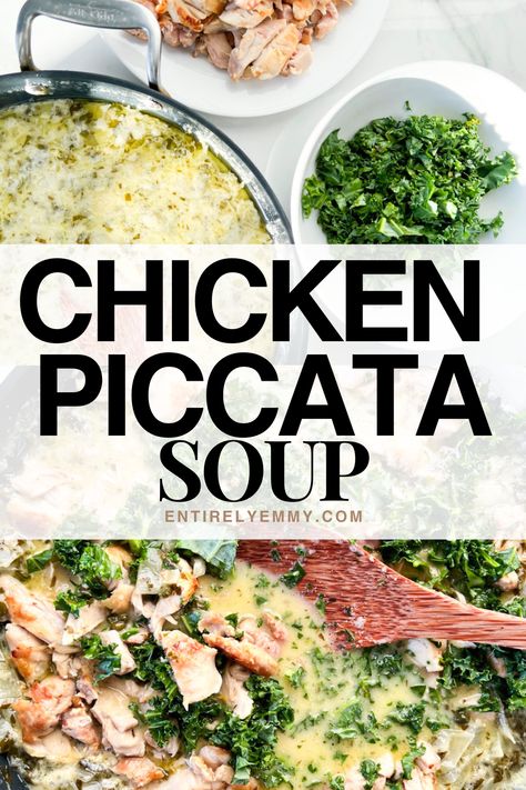 This lemon, garlicky, caper filled, healthy and creamy Chicken Piccata Soup is absolutely irresistible Chicken Piccata Soup Recipe, Recipes Using Capers, Healthier Chicken Piccata, Chicken Piccata Soup, Chicken Piccata No Capers, Chicken Piccata With Capers, Chicken Capers Lemon Piccata, Cpk Chicken Piccata Recipe, Capers Chicken