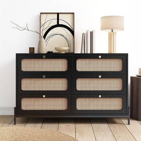 Amazon.com: Polibi Retro Dresser with 6 Storage Drawers and Rattan Wicker Design, Solid Wood Chest with Metal Legs & Knobs, Closet Organizer for Bedroom, Living Room, Entryway, Black : Home & Kitchen Wood Storage Cabinet, Wood Closet, Dresser Wood, Rattan Wood, Cabinet Sideboard, Black Dressers, Wood Storage Cabinets, Dresser Storage, Cabinet Black