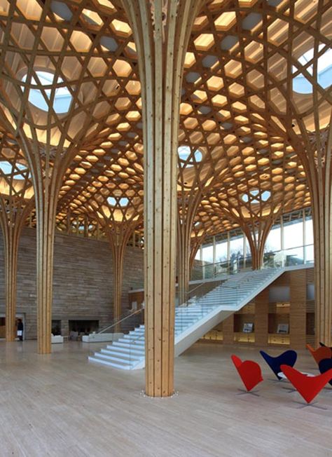 The laminating, bending, and joining process have come to a epiphany in a project by Shigeru Ban on the Haesley Nine Bridge Club House in South Korea. The project uses complex double bent laminated beams.#Repin By:Pinterest++ for iPad# Golf Clubhouse, Shigeru Ban, Timber Architecture, Bamboo Architecture, Wooden Architecture, Parametric Architecture, Wood Architecture, Timber Beams, Column Design