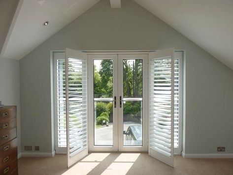 Shutters On French Doors, Patio Doors Modern, Shutters For Sliding Glass Doors, Patio Door Shutters, Curtains For Doors, Sliding Panel Blinds, Door Shutters, Attic Windows, Outdoor Interior