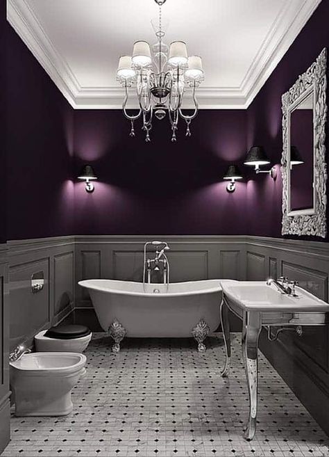 44 Absolutely stunning dark and moody bathrooms Dark Purple Walls, Gothic Bathroom, Gray Floor, White Bathroom Tiles, Purple Bathrooms, Purple Interior, Black And White Tiles, Purple Walls, Trendy Bathroom