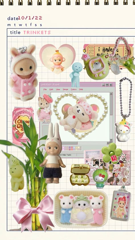 Juminocore inspired vision board trinkets in the making Sonny Angel Wallpaper, Mood Boards Aesthetic, Ghibli Core, Cute Scrapbook, Collage Idea, Ipad Things, Images For Wallpaper, Cute Home Screen, Pink And Girly