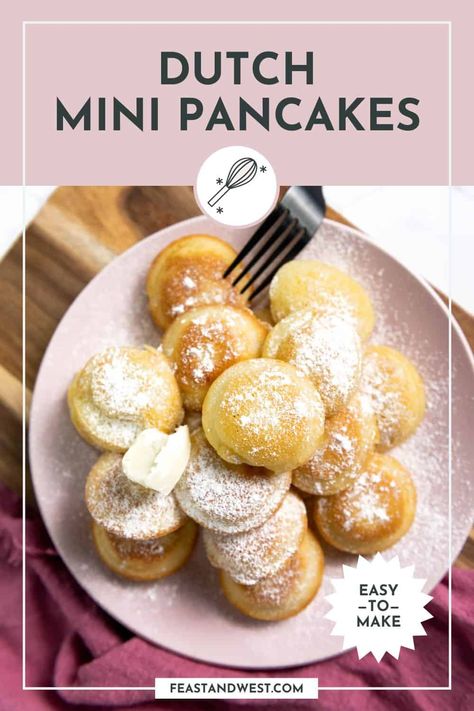 These Easy Dutch Poffertjes are oh-so-fluffy and perfect. They are made without yeast for a quick treat. Serve with your favorite toppings! Mini Dutch Pancake Recipe, Dutch Poffertjes Mini Pancakes, Mini Dutch Baby Pancakes, Poffertjes Recipe Easy, Mini Pancakes Ideas, Dutch Poffertjes, Dutch Pancakes Recipe, Poffertjes Recipe, Mini Pancakes Recipe