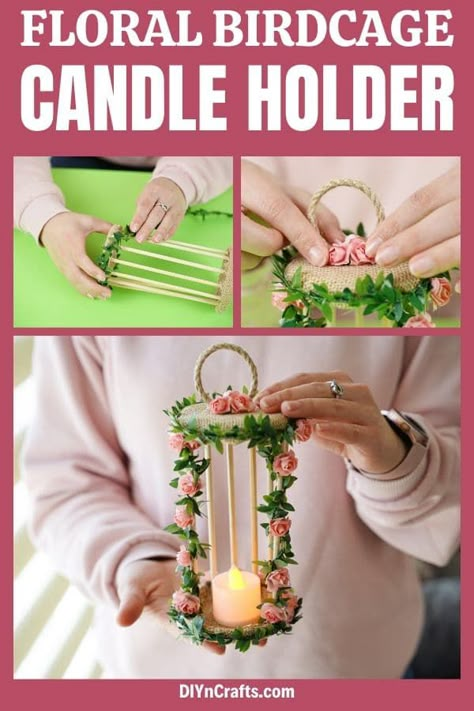 Create a beautiful floral birdcage candle holder in a few minutes using a few simple dowel rods, jar lids, and your favorite artificial flowers! This easy upcycled craft is the perfect whimsical home decor everyone will love seeing on their mantle! #Birdcage #CandleHolder #HomeDecor #EasyCraft Homemade Coffee Candles, Floral Birdcage, Bird Cage Candle, Bird Cage Candle Holder, Small Candle Holders, Homemade Home Decor, Diy Candle Holders, Rustic Candles, Diy Holder