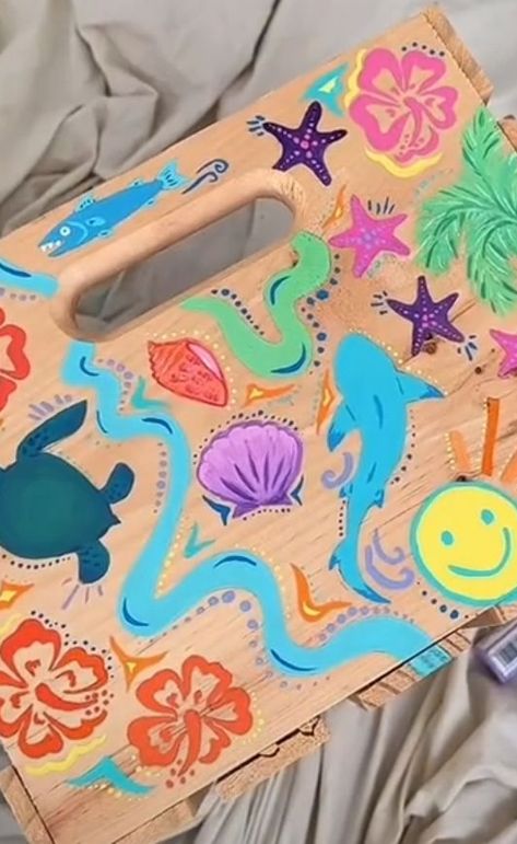 Senior Box Ocean Theme, Bikinis Box Painting Ideas Shark, Things To Paint On Boxes, Bathing Suit Box Painting, Easy Bikinis Box Painting, Bikinis Box Painting Easy, Wooden Crate Painting Ideas, Painted Baskets Ideas, Bikinis Box Painting Ideas