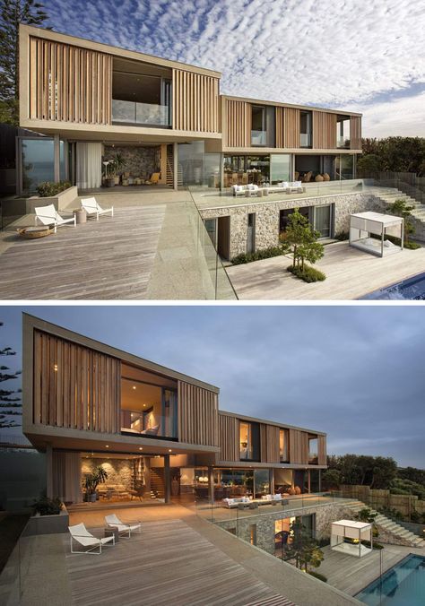 A Natural Palette Of Earth Tones Runs Through This Home Overlooking The Ocean Modern Hillside House, Africa House, Modern Tropical House, A Modern House, Hillside House, Natural Palette, Concrete House, House Architecture Design, Dream House Exterior