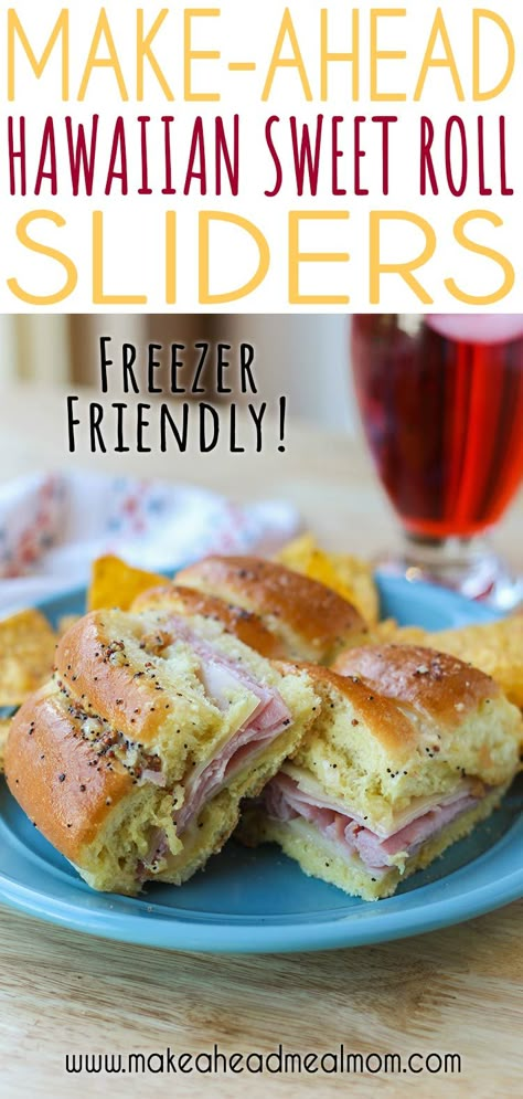 These Make-Ahead Hawaiian Sweet Roll Sliders are the perfect addition to your next barbecue, potluck, game day, or summer party!  These delicious ham and cheese pull-apart sandwiches are so easy to make, and you can make them ahead and store in the freezer until needed.  Or use them as a fast freezer meal dinner on busy nights!  #sliders #hamandcheese #freezermeals #makeahead #partyfood Slider Freezer Meals, Make Ahead Hawaiian Roll Sliders, Meal Prep Gift Ideas, Make Ahead Lunch Ideas For A Crowd, To Go Meals Dinner, Frozen Lunch Ideas Make Ahead, Freezer Sides Make Ahead, Make Ahead Sliders For Party, Make Ahead Ham And Cheese Sliders