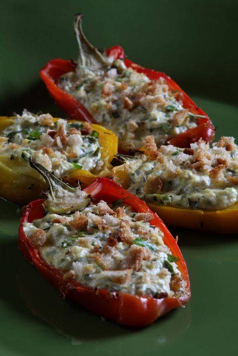 Recipe - BAKED PEPPERS with RICOTTA and BASIL Ricotta Stuffed Peppers, Baked Peppers, Little Miss Muffet, Miss Muffet, Fresh Mint Leaves, Fresh Rosemary, Nursery Rhyme, Fennel, Salmon Burgers