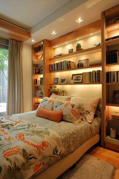 Cozy bedroom with a bed against a bookshelf-filled wall, adorned with plants, books, and photos, and illuminated by warm lighting. Built In Behind Bed, Book Shelves Above Bed, Bedroom Built In Bookshelves, Above Bed Storage Ideas, Built In Bookshelves Around Bed, Large Headboard With Shelves, Shelving Unit Over Bed, Bed Surrounded By Bookshelves, Built In Shelves Around Bed