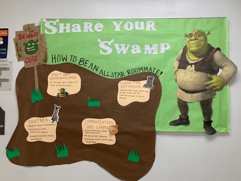 Green Bulletin Board Ideas, Shrek Bulletin Board, Ra Floor Decorations, College Floor Themes, Dorm Themes Resident Assistant, Ra Bulletin Boards Scooby Doo, Dorm Floor Themes, Ra Floor Themes Ideas, Ra Dorm Hall Themes