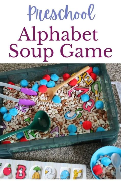 This Alphabet Soup Game is a fun preschool learning activity and ABC sensory bin experience! Make learning fun today! Letter Identification Activities, Toddler Sensory Bins, Abc Cards, Toddler Sensory, Pre K Activities, Alphabet Activities Preschool, Alphabet Soup, Teaching The Alphabet, Alphabet Preschool