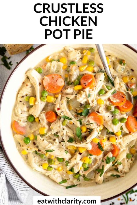 Gluten Free Crustless Chicken Pot Pie Gluten Free Chicken Pot Pie Casserole, Crustless Pot Pie Chicken, Pot Pie Recipe Casserole, Keto Chicken Pot Pie Casserole, Low Carb Pot Pie, Quick Winter Dinner, Crustless Chicken Pot Pie, Low Carb Chicken Pot Pie, Cleanfoodcrush Recipes