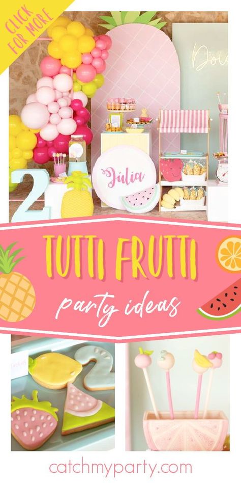 Take a look at this bright and colorful tutti fruity birthday party! Love the cake pops! See more party ideas and share yours at CatchMyParty.com Two Tutti Fruity Birthday, Twotii Fruitii, Twoti Fruiti Birthday Party, Fruit Party Ideas, Twotti Fruity Party, Fruit Theme Party, Tutti Fruitti Party, Fruit Party Decorations, Twotti Fruity