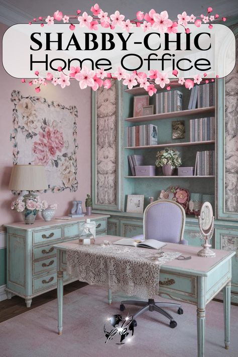 A shabby chic home office effortlessly blends style and functionality. Using a chic color palette, distressed muebles shabby chic, and romantic pink decor ideas, it creates a space perfect for working and relaxing. Soft, feminine home office decor and beautiful vintage touches make it a dream workspace for women loving comfort & elegance. #shabbychiccolors #vintagepinkoffice #chiccolorpalette #shabbychicdecor #womanatdeskaesthetic #feminineofficedecorideas #shabbychicdiyprojects #officeaesthetic Shabby Chic Art Studio, Womens Home Office Decor Ideas, Shabby Chic Sewing Room, Romantic Office Decor, Shabby Chic Home Office, Girly Room Decor Ideas, Shabby Chic Office Ideas, Girly Decorations, Girly Office Space