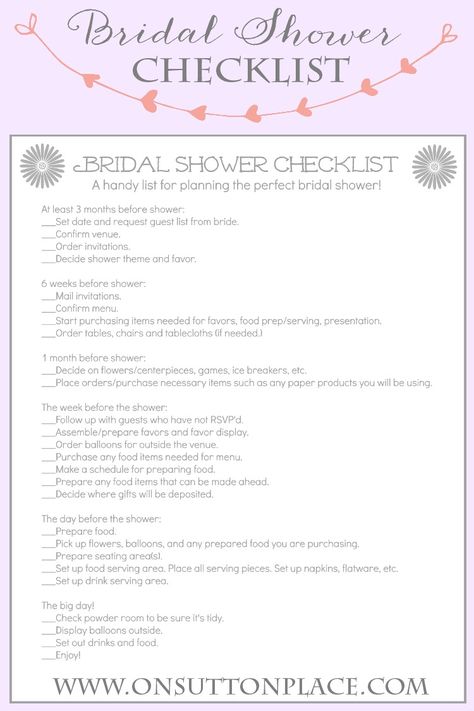 Handy printable checklist to help plan the perfect bridal shower! From onsuttonplace.com. Bridal Shower Timeline, Diy Wedding Checklist, Bridal Shower On A Budget, Bridal Shower Planning Checklist, Shower On A Budget, Bridal Shower Checklist, Shower Checklist, Bridal Shower Invitations Diy, Bridal Shower Planning