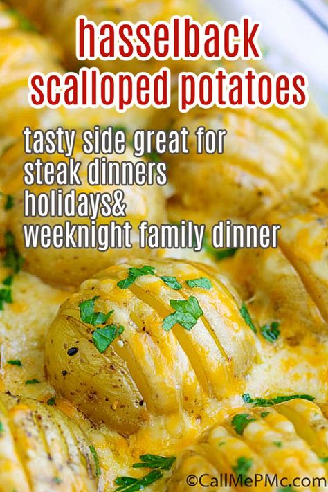 Hasselback Scalloped Potatoes Hasselback Scalloped Potatoes, Steak Night, 30 Minute Meals Healthy, Hasselback Potatoes, Potato Recipes Side Dishes, Cheesy Sauce, Potato Side Dishes, Delicious Vegetables, Scalloped Potatoes