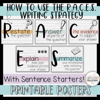 Do your students struggle with answering text-dependent questions? Introducing them to the RACES writing strategy could be a total game-changer for you and your students!RACES Stands For:Restate the questionAnswer all parts of the questionCite evidence to support your answerExplain how your evidence proves your answerSummarize your informationWhat's Included:Brief Description Poster (1 page)Detailed Description Poster (1 page)In-depth Description Posters (6 pages)Brief Description Posters (5 pag Race Posters For Writing, Race Writing Strategy Anchor Charts, Restate The Question, Races Writing Strategy, Ela Anchor Charts, Race Writing, Plot Diagram, Writing Posters, Text Dependent Questions